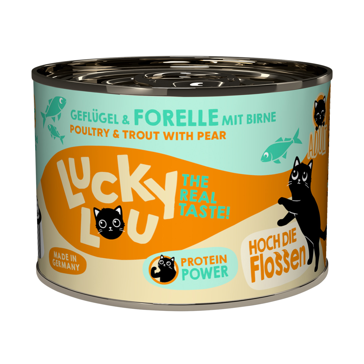 Lucky Lou Katzenfutter Adult, Geflügel & Forelle mit Birne, "The Real Taste!", "Protein Power", "Hoch die Flossen".