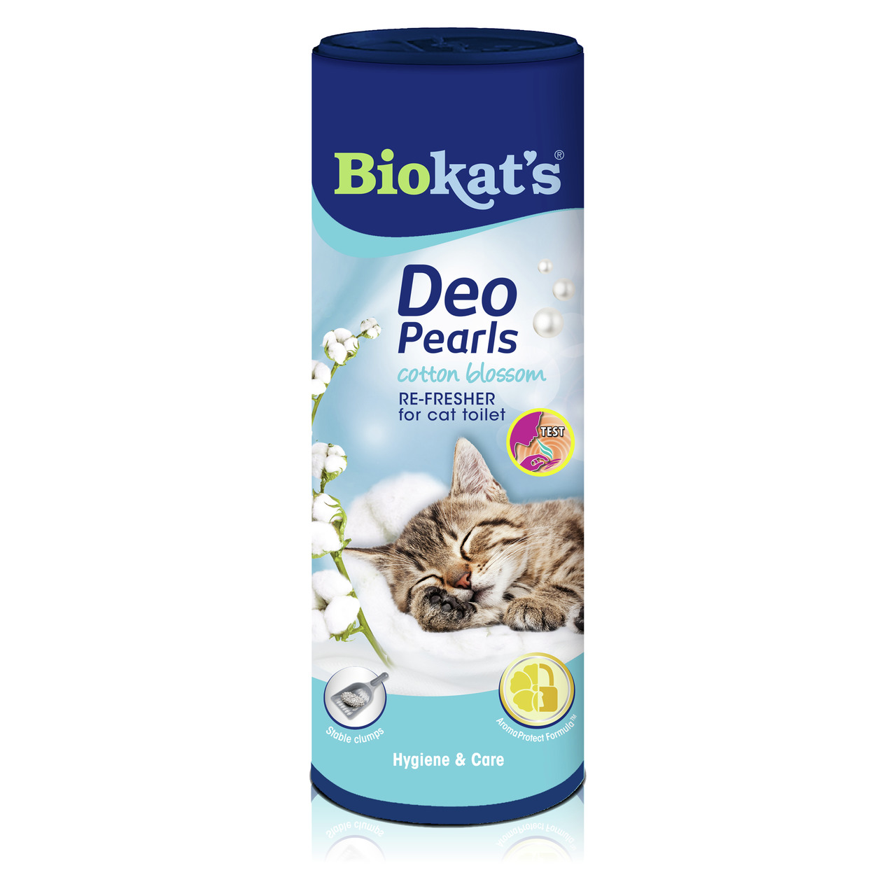 Das Bild zeigt das Produkt "Biokat's Deo Pearls Cotton Blossom", einen Duftzusatz für Katzentoiletten. Die Zielgruppe sind Katzenbesitzer. Der Duft ist "Cotton Blossom". Auf der Verpackung ist eine schlafende Katze abgebildet, daneben Baumwollblüten. Die 
