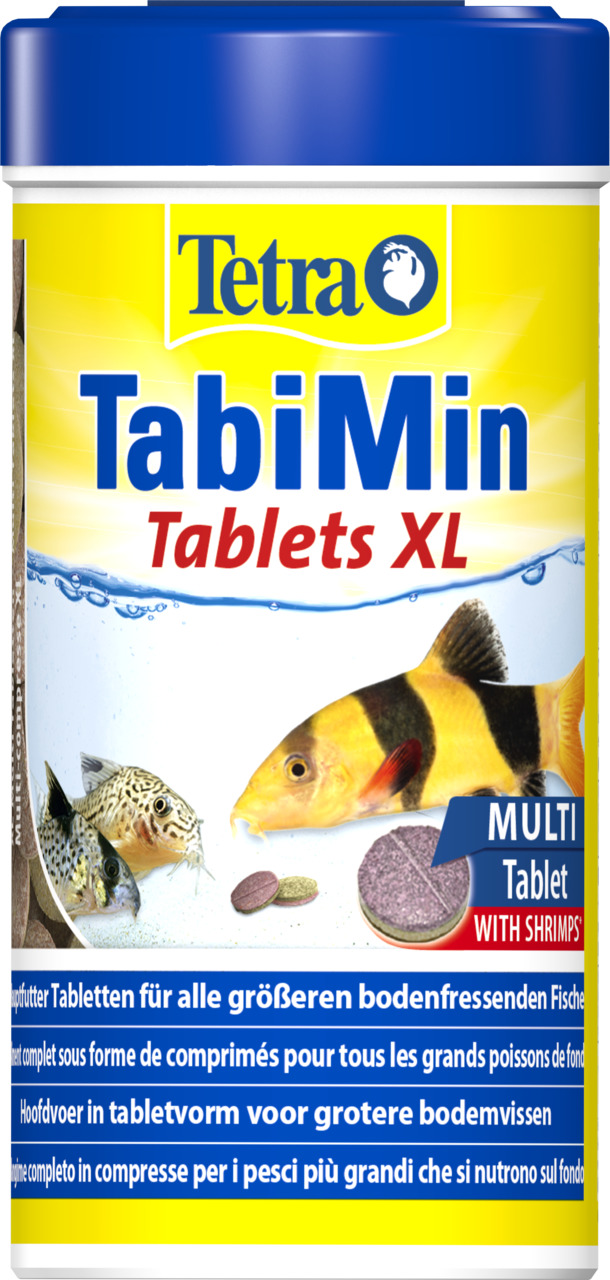 Tetra TabiMin Tablets XL: Futtertabletten für größere bodenfressende Fische, mit Garnelen, Multi-Tabletten-Form, gelbe Dose, blauer Deckel.