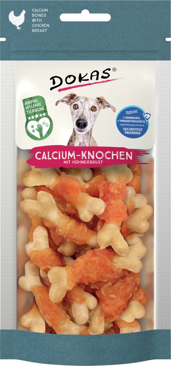DOKAS Calcium-Knochen mit Hühnerbrust, für Hunde, Geschmack Huhn, fördert Tierwohl, 70g, zertifiziert von SGS Institut Fresenius.