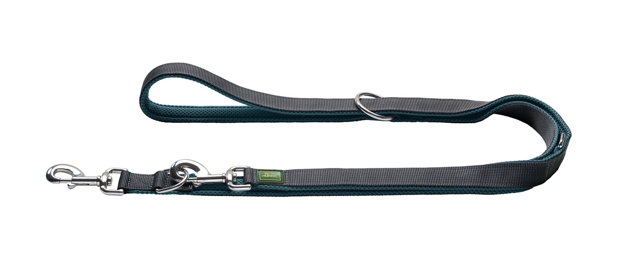 HUNTER Führleine für Hunde, Petrol/Grau, Nylon, 2 Karabiner, Metallring, verstellbar, robust, vielseitig, ideal für Spaziergänge/Training.
