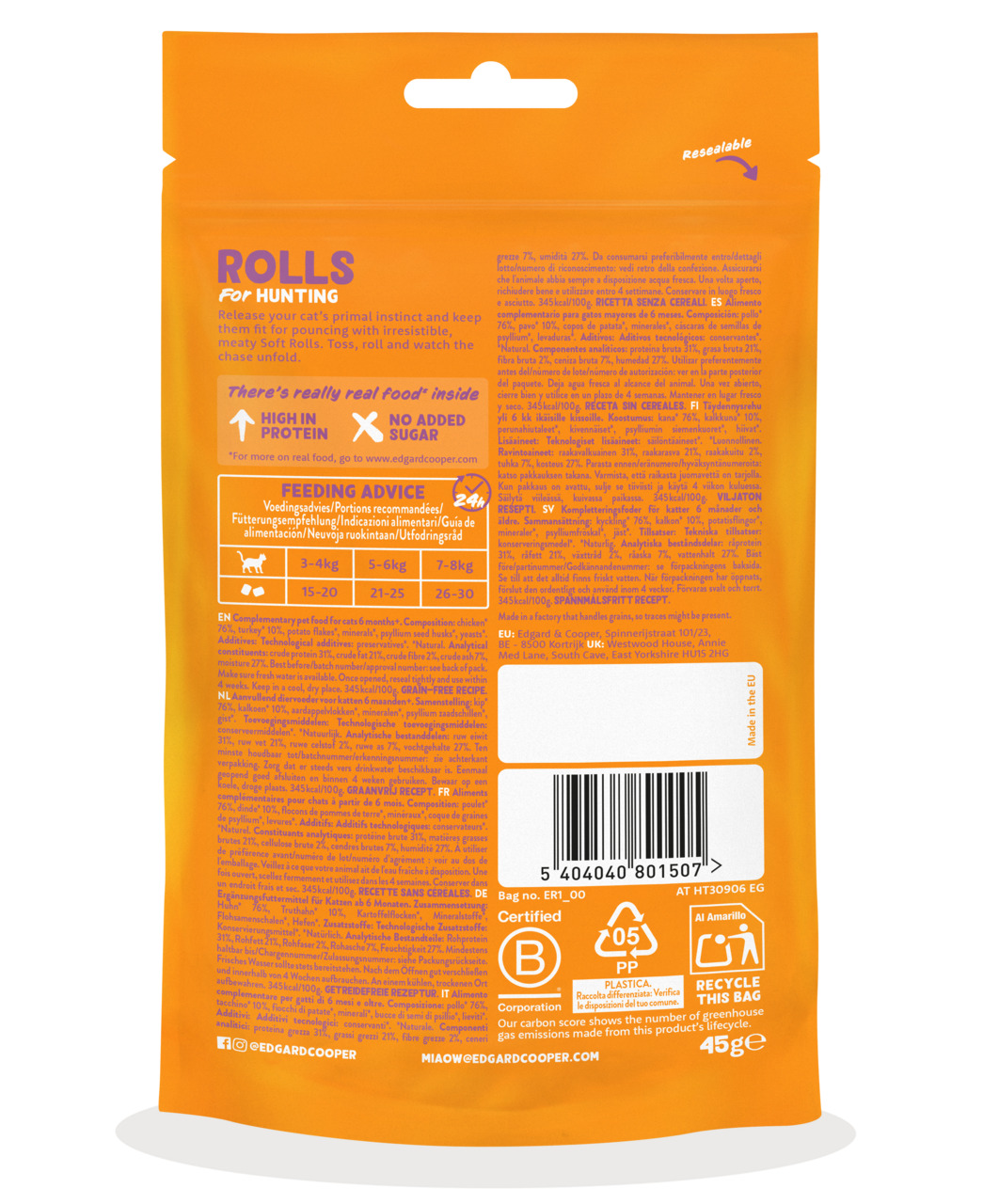 Edgard & Cooper "Rolls for Hunting" Katzensnack, Huhn, 45 g, hoher Proteingehalt, ohne Zuckerzusatz, wiederverschließbar, recycelbar.