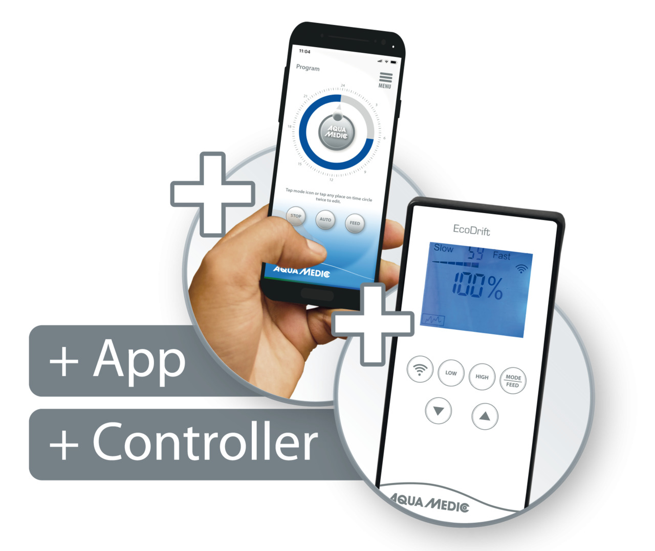 Das Bild zeigt das Produkt "Aqua Medic EcoDrift", eine Kombination aus App und Controller zur Steuerung von Strömungspumpen in Aquarien. Die App auf einem Smartphone ermöglicht präzise Einstellungen, während der Controller mit einem Display und Tasten ein