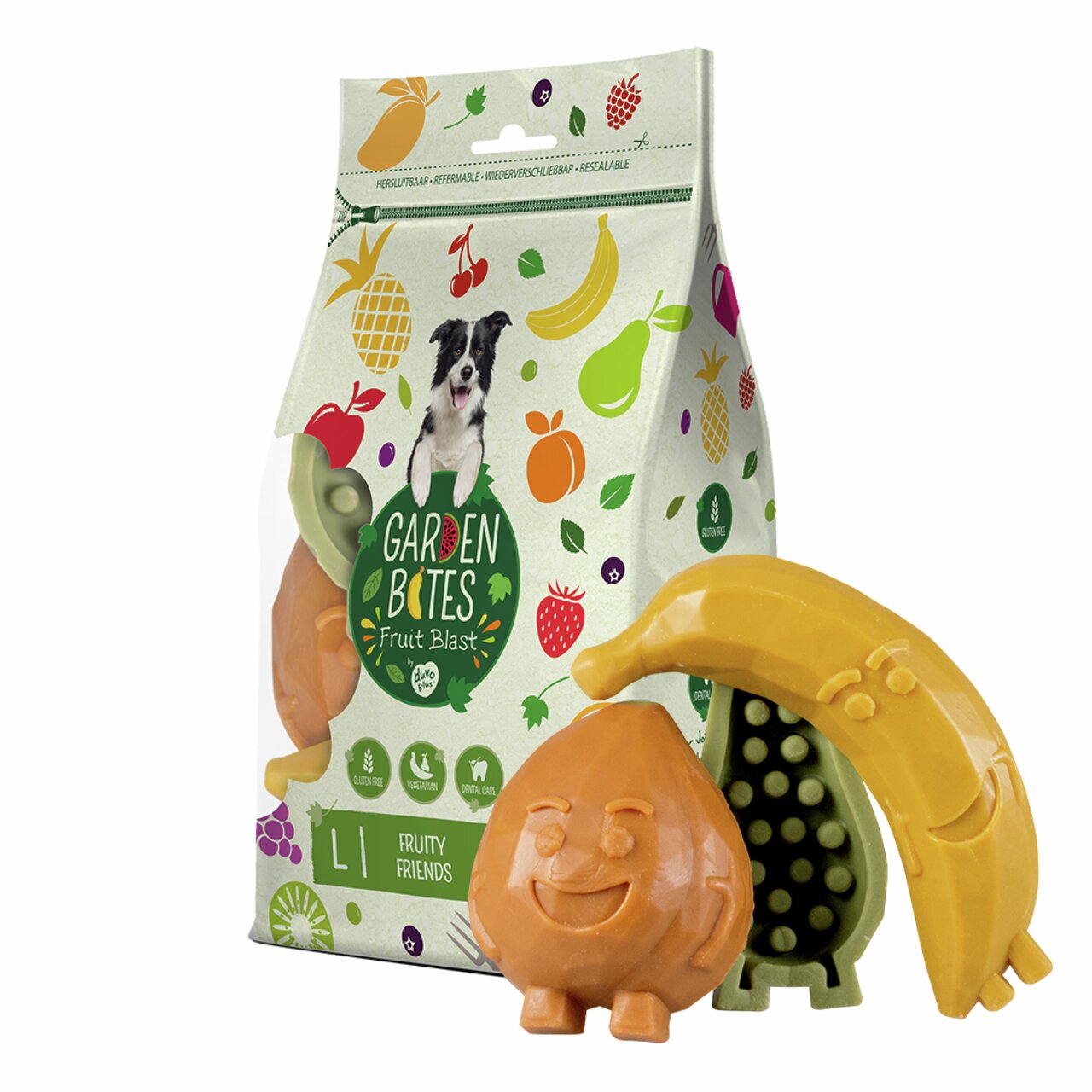 Hundesnack duvoplus Garden Bites Fruit Blast, glutenfrei, vegetarisch, Zahnpflege, Geschmacksrichtung Obst, 150 g.