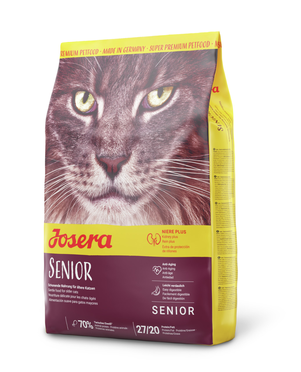 Josera Senior Katzenfutter, 2 kg, für ältere Katzen, leicht verdaulich, unterstützt Nieren, Anti-Aging, gelb-violette Verpackung.