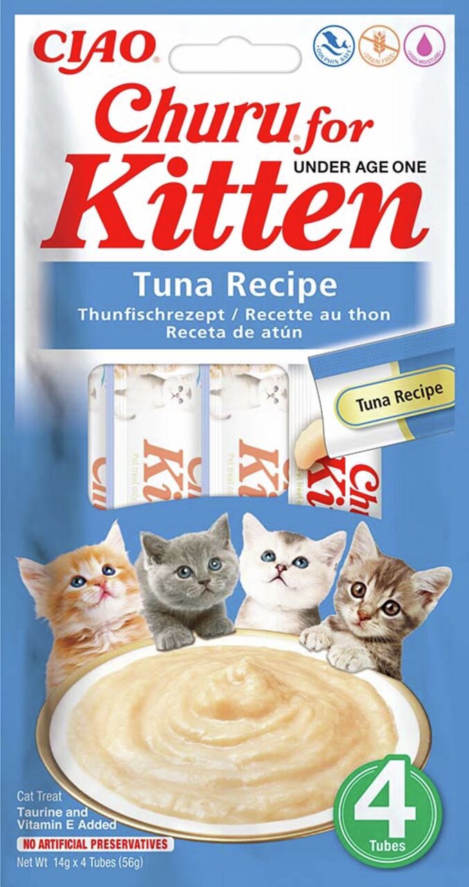 CIAO Churu for Kitten, Thunfischgeschmack, für Katzen unter 1 Jahr, 4 Tuben à 14 g, mit Taurin und Vitamin E, ohne Konservierungsstoffe.
