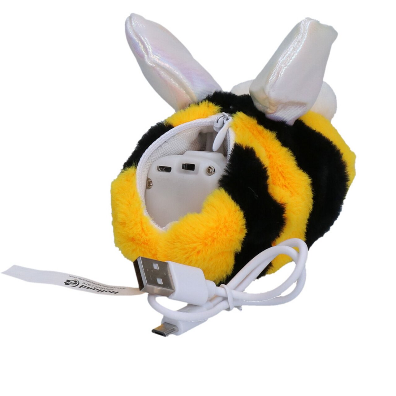 Plüsch-Roboter mit Bienendesign, USB-Anschluss und Mikro-USB-Kabel. Gelbes und schwarzes Fell mit weißen Ohren, detailreich gestaltet.