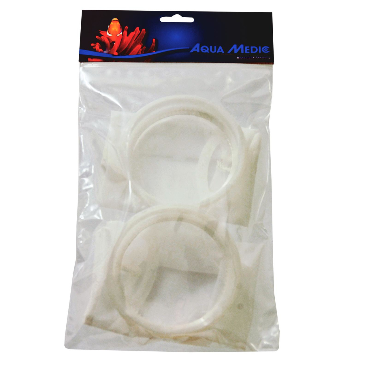 Aqua Medic Filterbeutelhalter, 2 Stk., für Aquaristik-Enthusiasten, weiß, in transparenter Kunststoffverpackung mit Clownfisch-Logo.