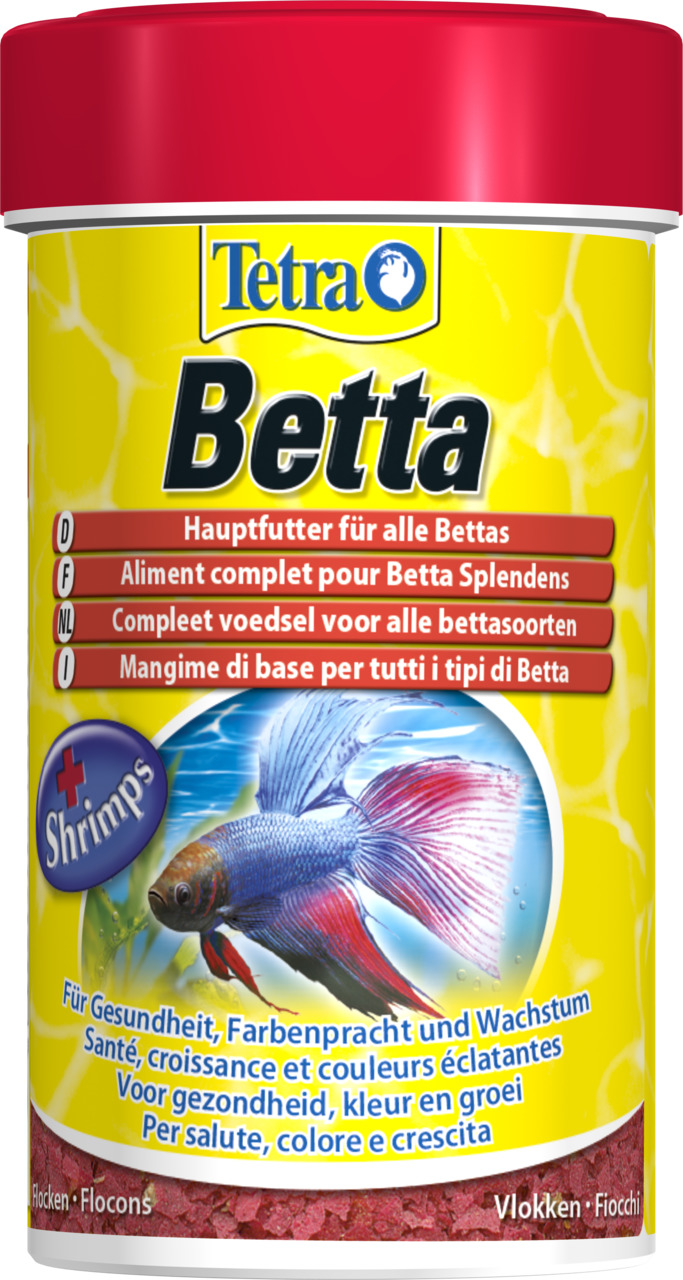 Tetra Betta, Hauptfutter für Betta Splendens, mit Shrimps, fördert Gesundheit, Farbenpracht & Wachstum, gelbe Dose.