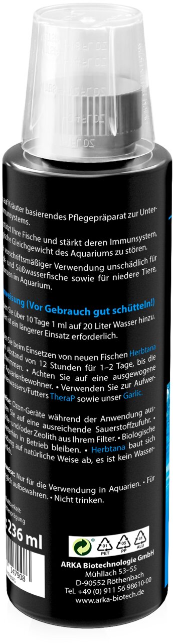 ARKA Herbana Pflegepräparat für Zierfische im Süßwasser, stärkt das Immunsystem, 236 ml Flasche, Rückseitenansicht