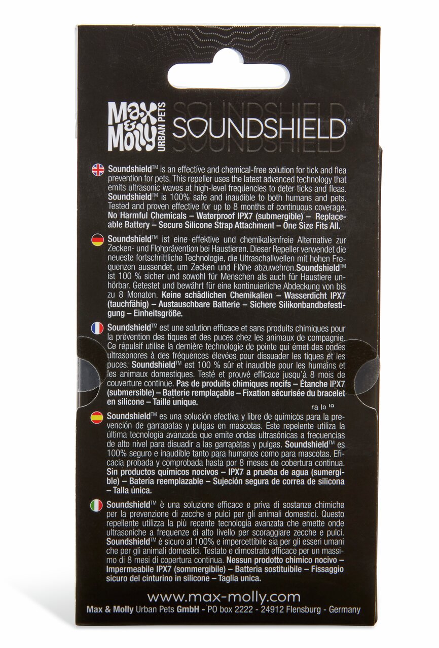 Das Bild zeigt die Rückseite der Verpackung des Produkts "Max & Molly Soundshield". Es handelt sich um ein chemikalienfreies Zecken- und Flohschutzgerät für Haustiere. Zielgruppe sind Haustiere und ihre Besitzer. Das Gerät nutzt Ultraschalltechnologie, is