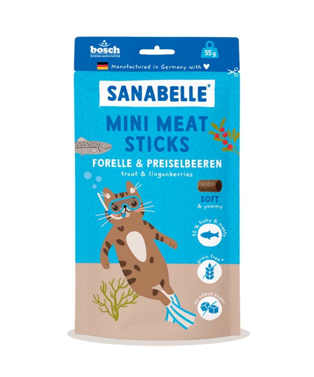 Sanabelle Mini Meat Sticks Forelle & Preiselbeeren für Katzen, soft, getreidefrei, 55 g, mit 92 % Fisch & Fleisch, ohne Zucker.