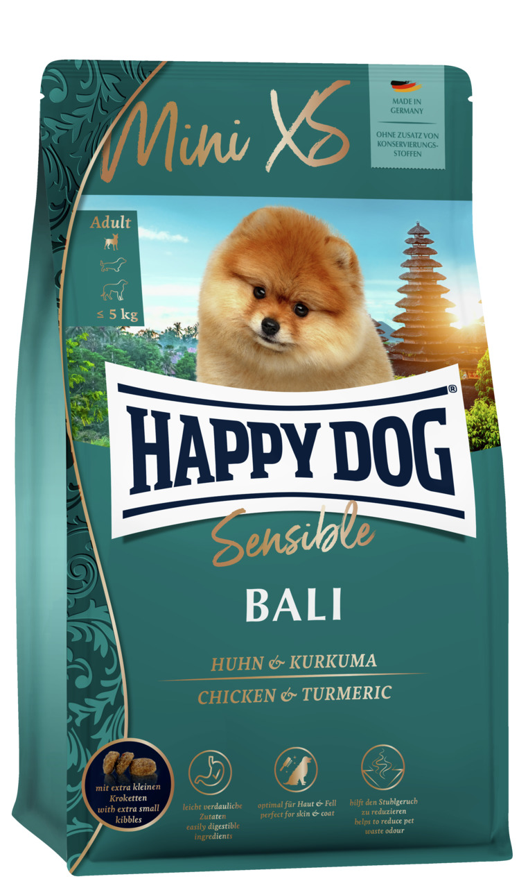 Sparpaket 2 x 1,3 kg Happy Dog Mini XS Adult Sensible Bali Huhn & Kurkuma Hunde Trockenfutter
