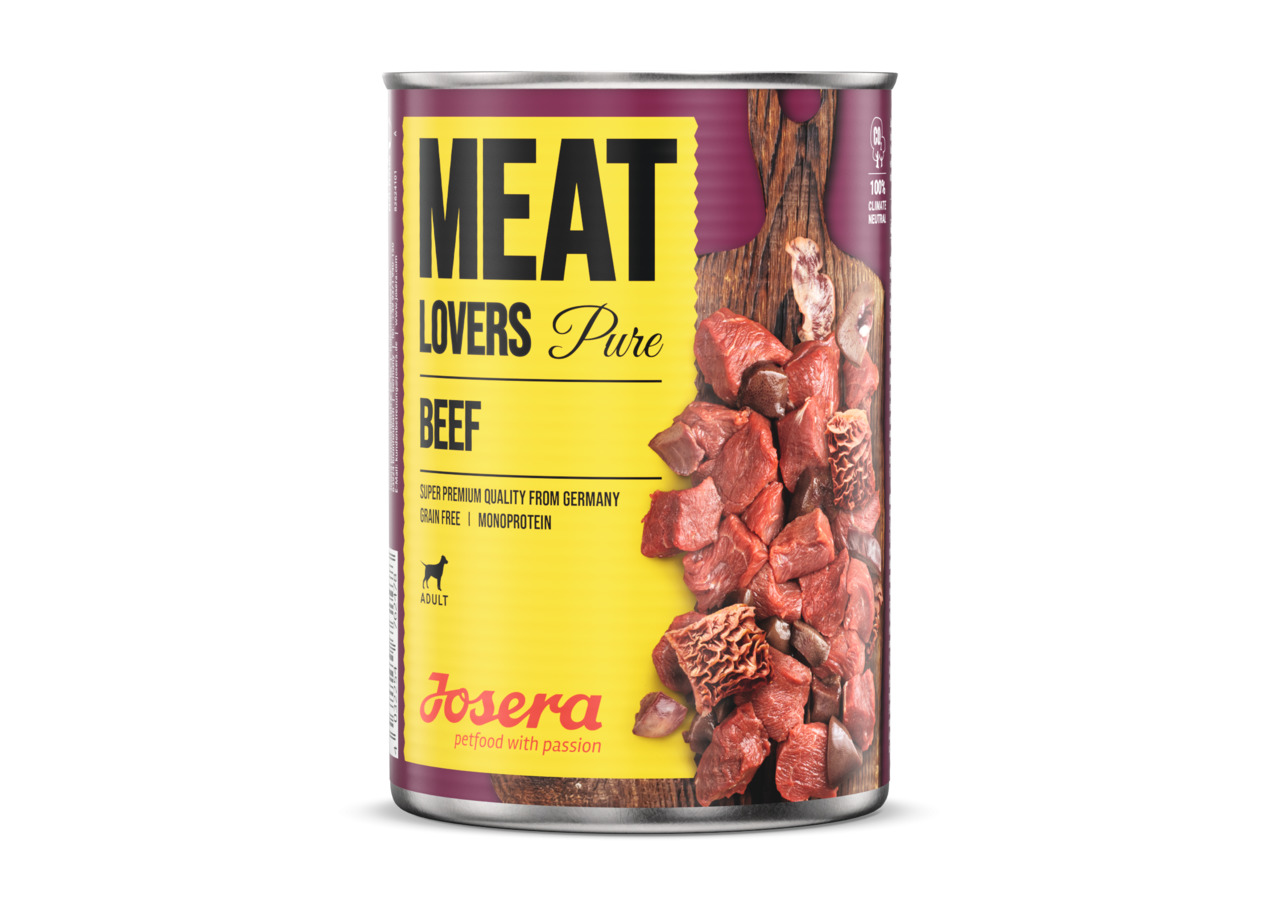 Josera Meat Lovers Pure Beef, Hundefutter für ausgewachsene Hunde, Rind, getreidefrei, Monoprotein, 400g, saftige Fleischstücke.