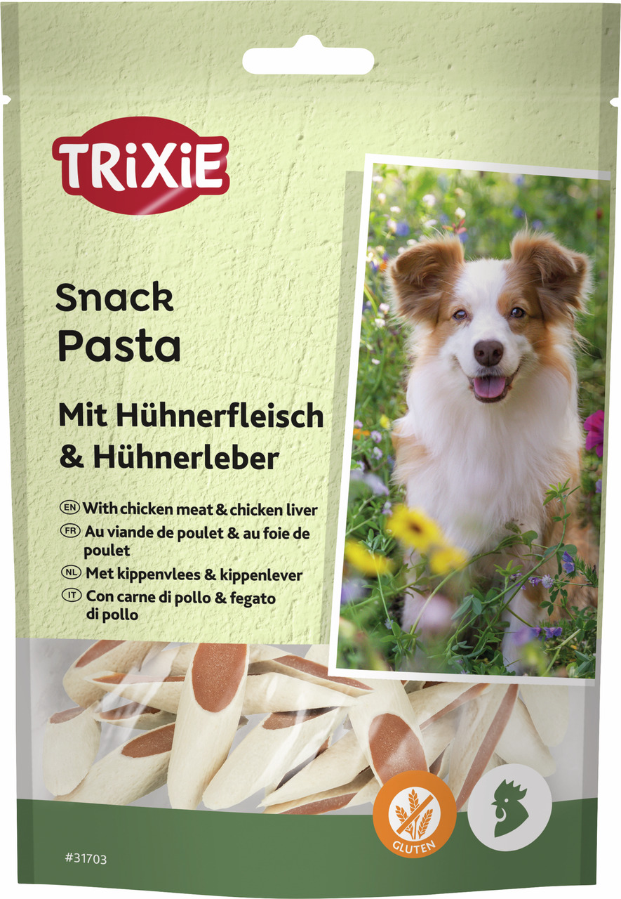 Das Bild zeigt die Verpackung des TRIXIE Snack Pasta mit Hühnerfleisch und Hühnerleber, einem glutenfreien Hundesnack. Die Zielgruppe sind Hunde. Die Verpackung enthält eine Abbildung eines glücklichen Hundes auf einer Wiese sowie die Produktmenge von 100