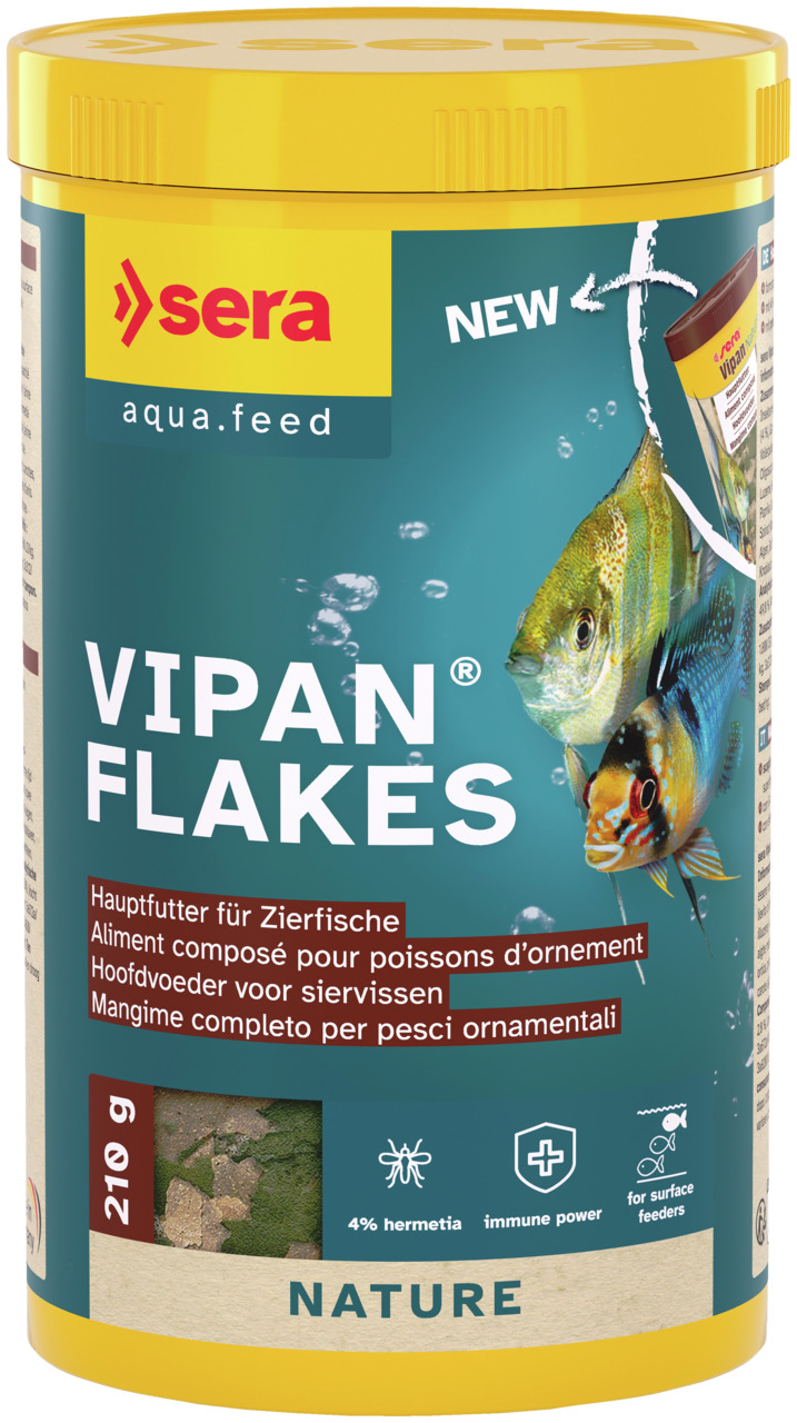 sera Vipan Flakes Nature, Hauptfutter f. Zierfische, 4 % Hermetia, 210 g, stärkt Immunabwehr, geeignet f. Oberflächenfresser.