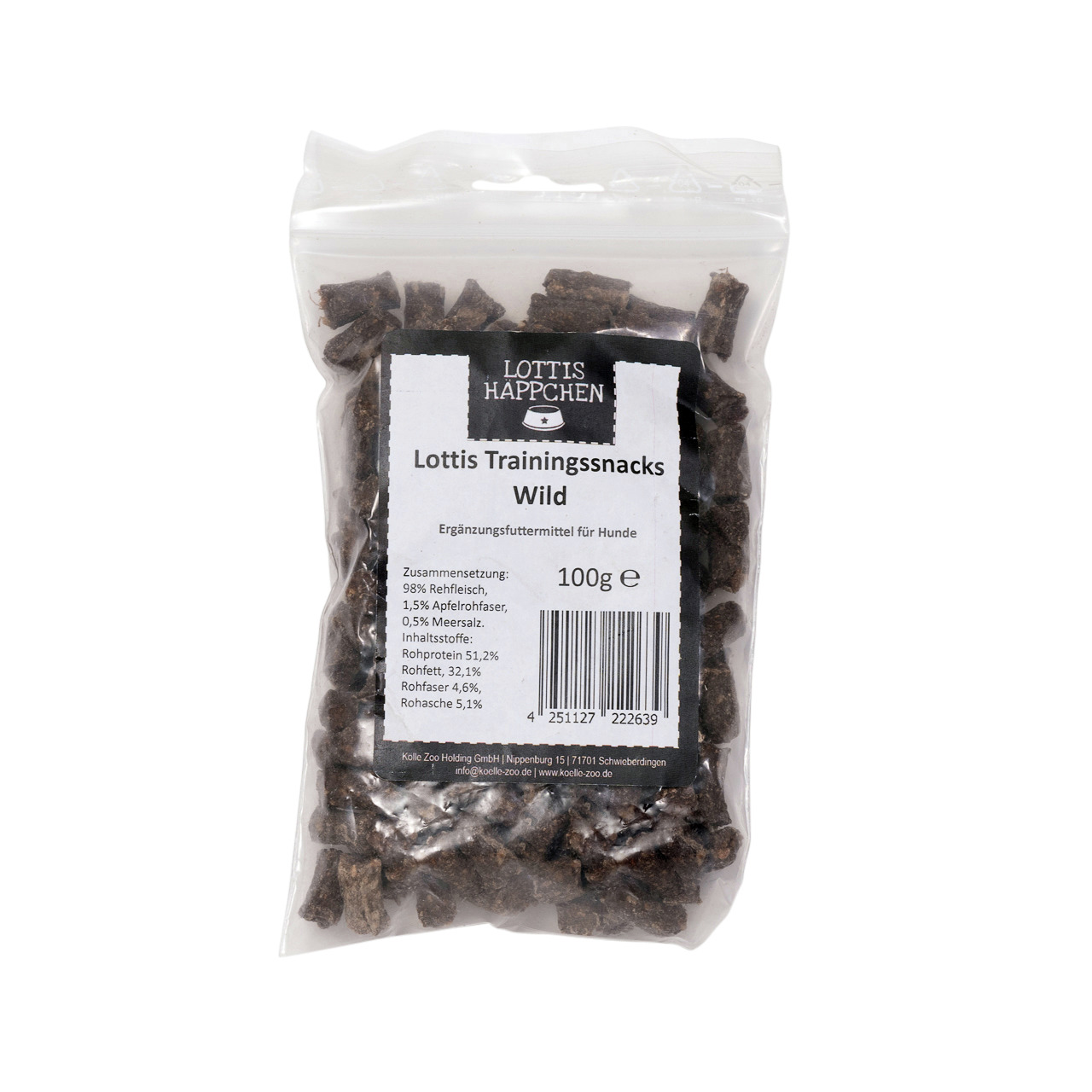 Das Bild zeigt eine transparente Verpackung mit der Aufschrift „Lottis Häppchen – Lottis Trainingssnacks Wild“. Es handelt sich um ein Ergänzungsfuttermittel für Hunde. Die Snacks bestehen zu 98 % aus Rehfleisch und sind in einer Menge von 100 g erhältlic