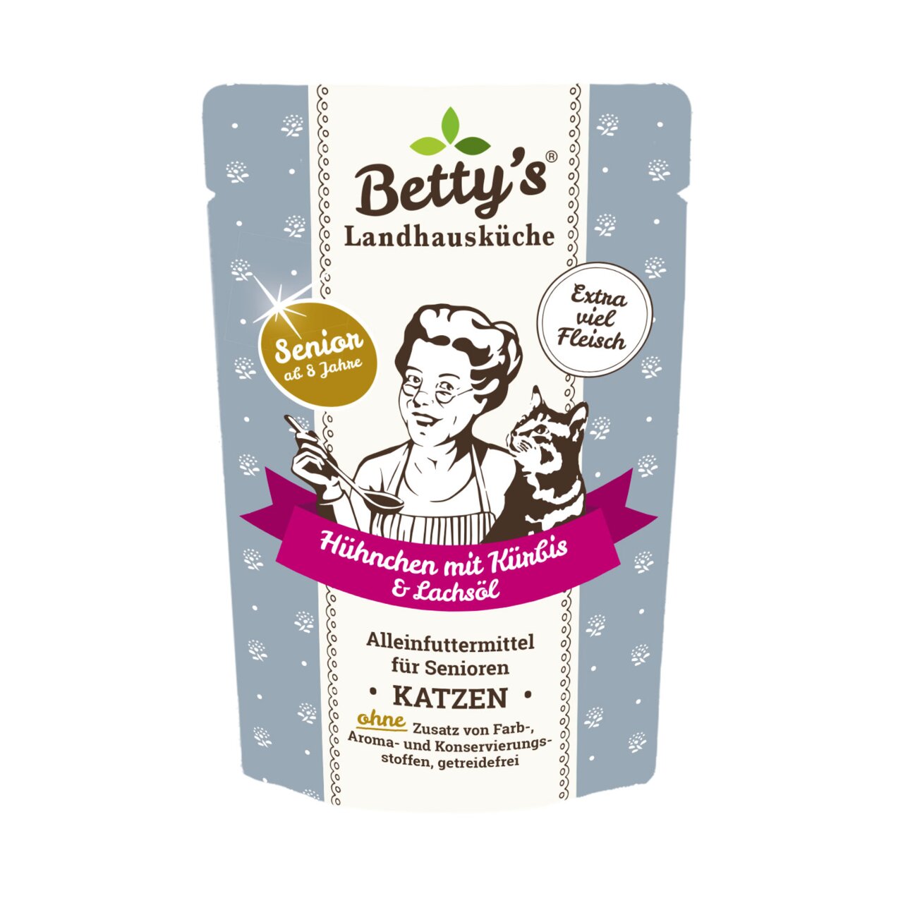 Betty’s Landhausküche Katzen Senior ab 8 Jahre, Hühnchen mit Kürbis & Lachsöl, extra viel Fleisch, getreidefrei.