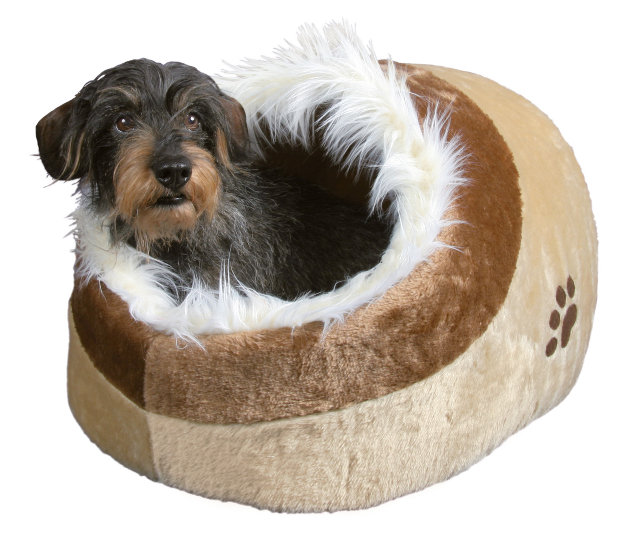 TRIXIE Hundebett Minou, beige-braun, für kleine Hunde-Katzen, weicher Plüsch, Pfotenmotiv, hoher Komfort, kuschelig, flauschig.
