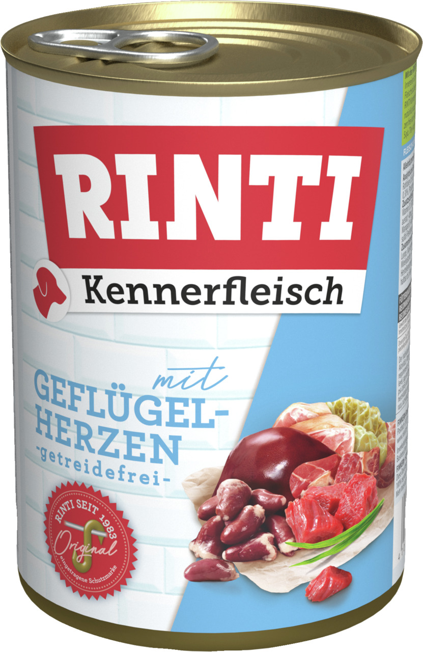 RINTI Kennerfleisch Hundefutter Geflügelherzen, getreidefrei, frische Fleischstücke, 400 g.