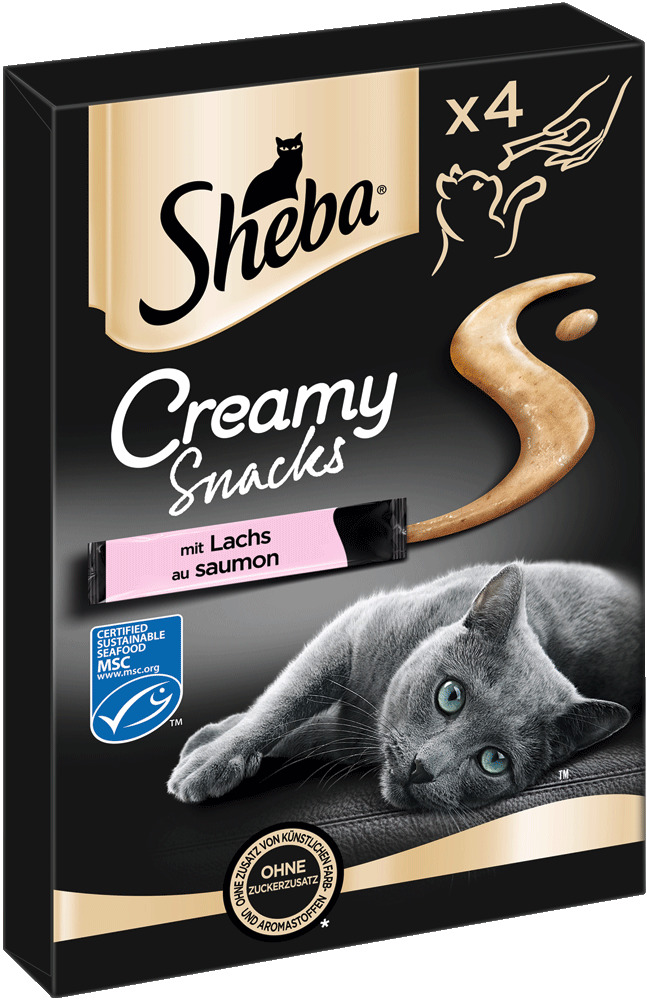 Sheba Creamy Snacks, Katzensnack, Lachs-Geschmack, ohne Zuckerzusatz, ohne künstl. Farb-/Aromastoffe, MSC, 4 Portionen.