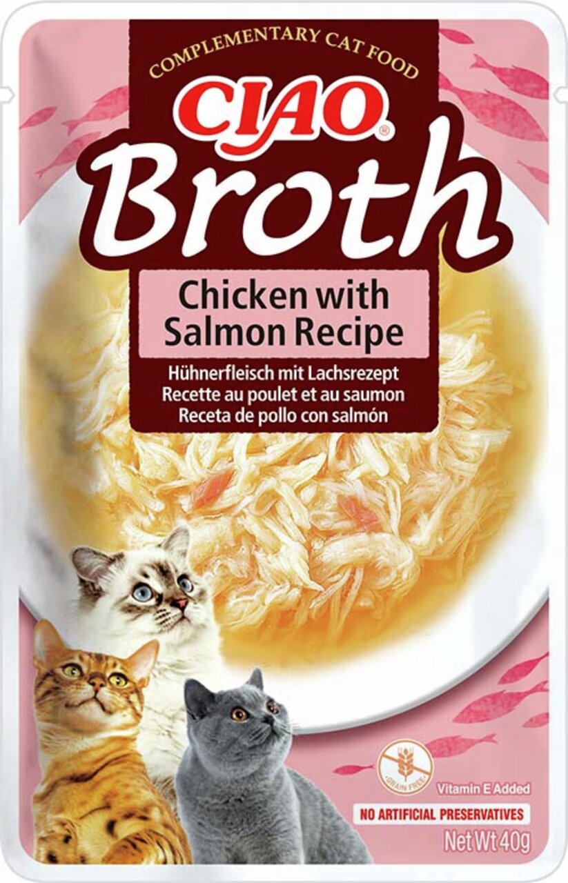 Ciao Broth Hühnerfleisch mit Lachsgeschmack, Katzen, ohne künstliche Konservierungsstoffe, 40g, ergänzt mit Vitamin E.
