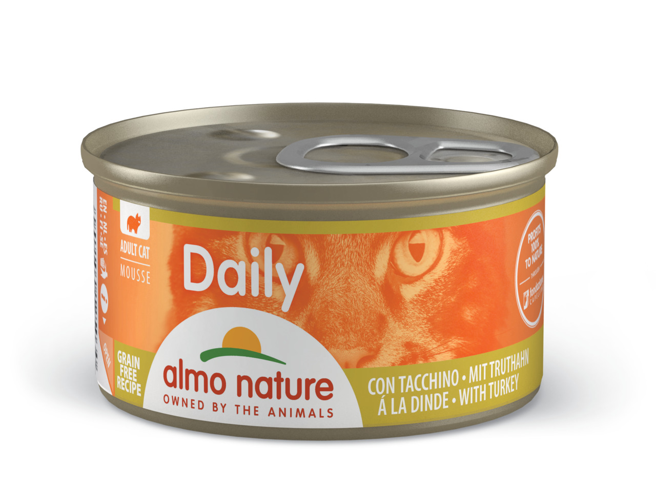 Almo Nature Daily Katzenfutter, Truthahn-Mousse, getreidefrei, für ausgewachsene Katzen, Dose.