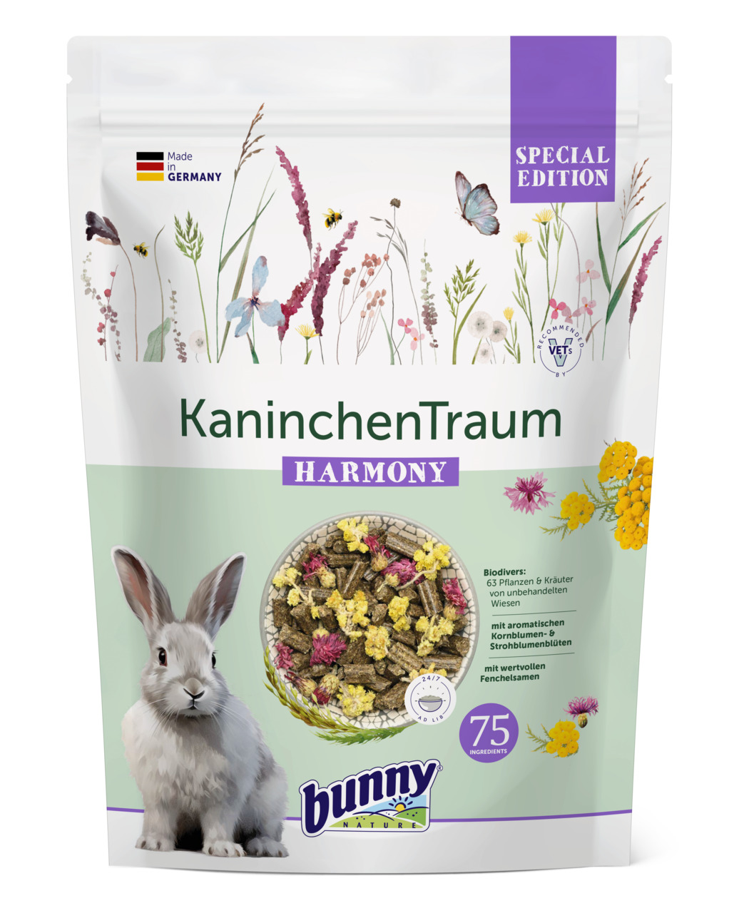 Bunny KaninchenTraum HARMONY Special Edition: Premium-Futter für Kaninchen mit 63 Pflanzen, Kornblumen, Fenchel. Menge: 75 Zutaten.