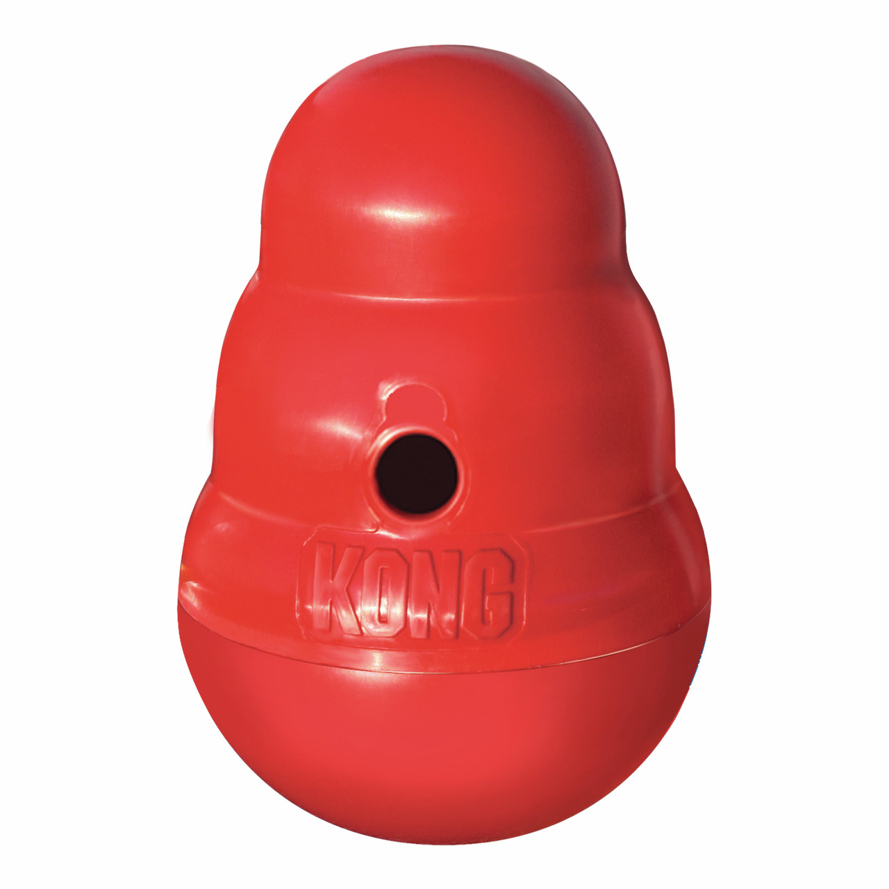 KONG Wobbler Hundespielzeug, interaktiv, rot, für Hunde aller Größen, befüllbar mit Leckerlis, robust, langlebig, hochwertig.