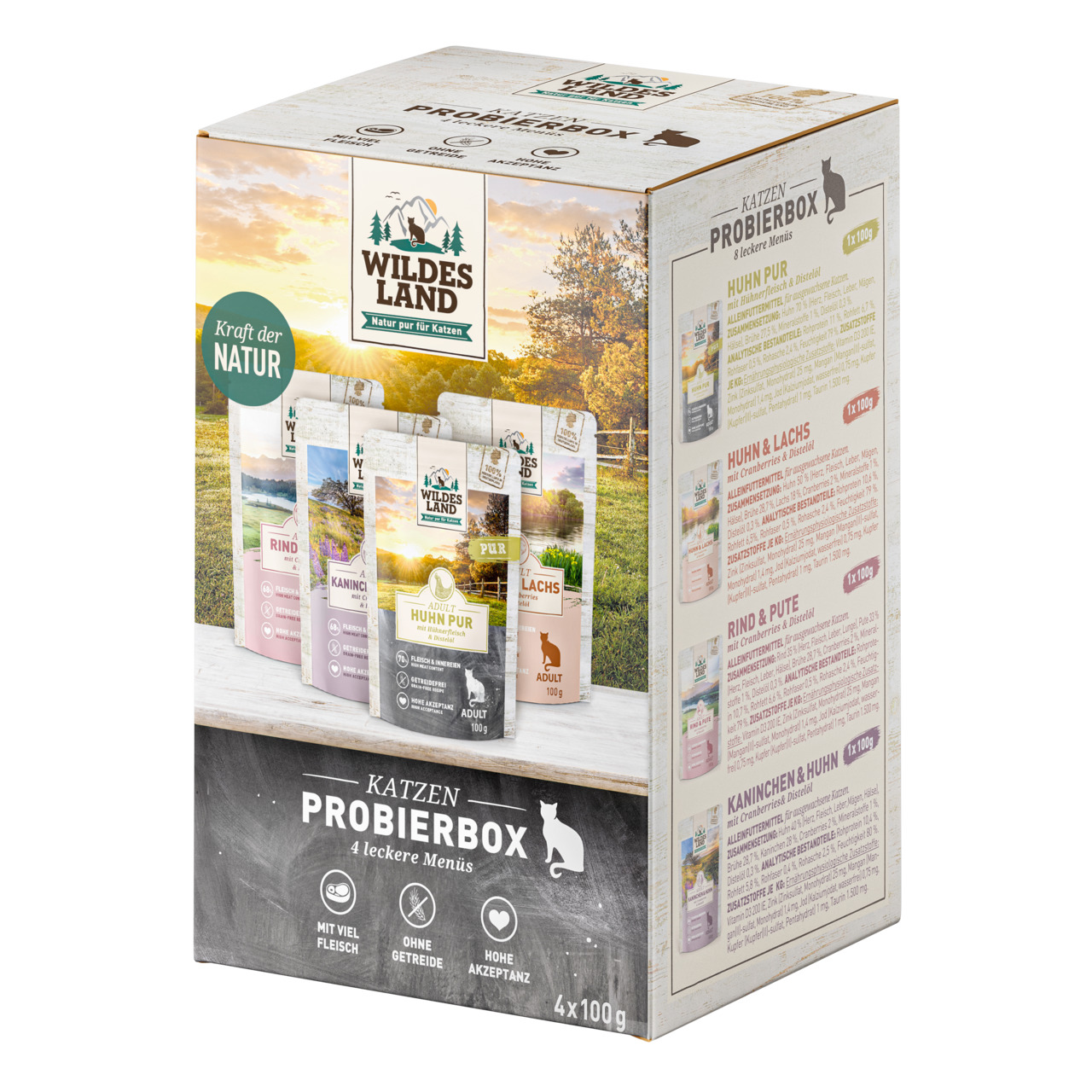 Wildes Land Katzen Probierbox: 4 Nassfutter-Menüs (Huhn, Huhn&Lachs, Rind&Pute, Kaninchen&Huhn), 100g, getreidefrei, für erw. Katzen.