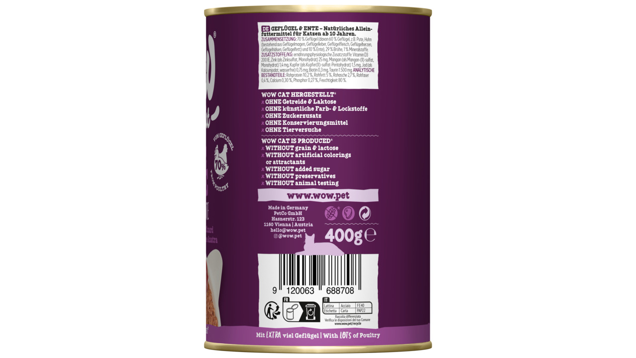 WOW CAT Geflügel & Ente, Alleinfutter f. Katzen ab 10 Wochen, 400g, 70 % Fleisch, getreidefrei, ohne Zusätze, ohne Tierversuche.