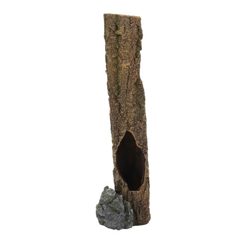 Das Bild zeigt das Produkt „Hobby Tree Trunk“, ein dekorativer hohler Baumstamm aus Kunstharz für Aquarien und Terrarien. Zielgruppe sind Aquarien- und Terrarienbesitzer. Das Design imitiert realistisch Holz und Stein, bietet Versteckmöglichkeiten für Tie