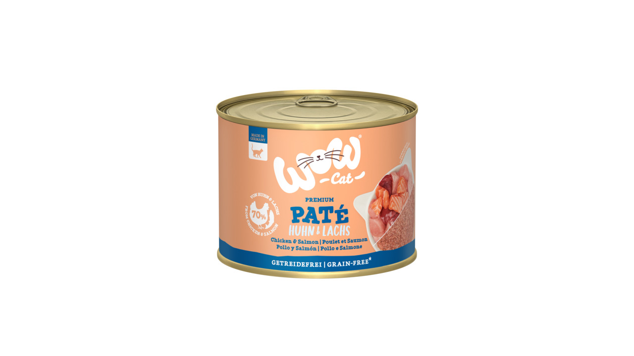 WOW CAT Katzenfutter Huhn & Lachs, 70 % Fleisch, getreidefrei, Made in Germany, 400 g.