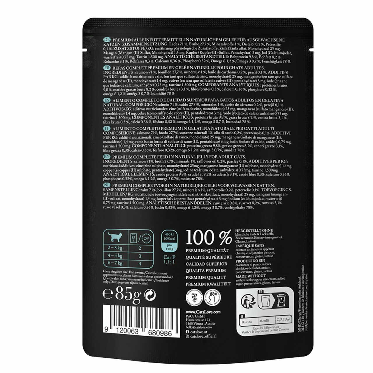 Premium Katzenfutter Cat's Love in Gelee, Geschmacksrichtung Lachs, für ausgewachsene Katzen, 85 g, ohne Zuckerzusatz.