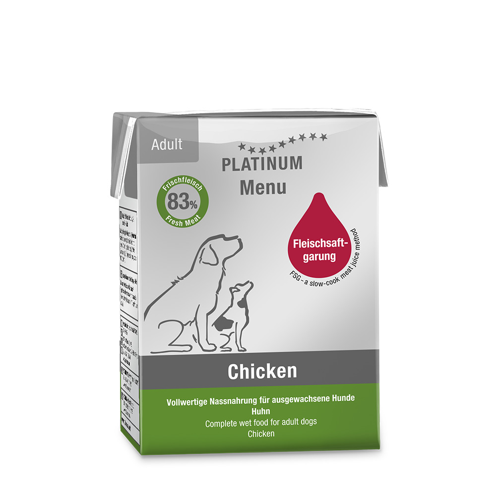 PLATINUM Menu Chicken, Hundefutter f. ausgewachsene Hunde, Huhn, 83 % Frischfleisch, Fleischsaftgarung, 375 g.