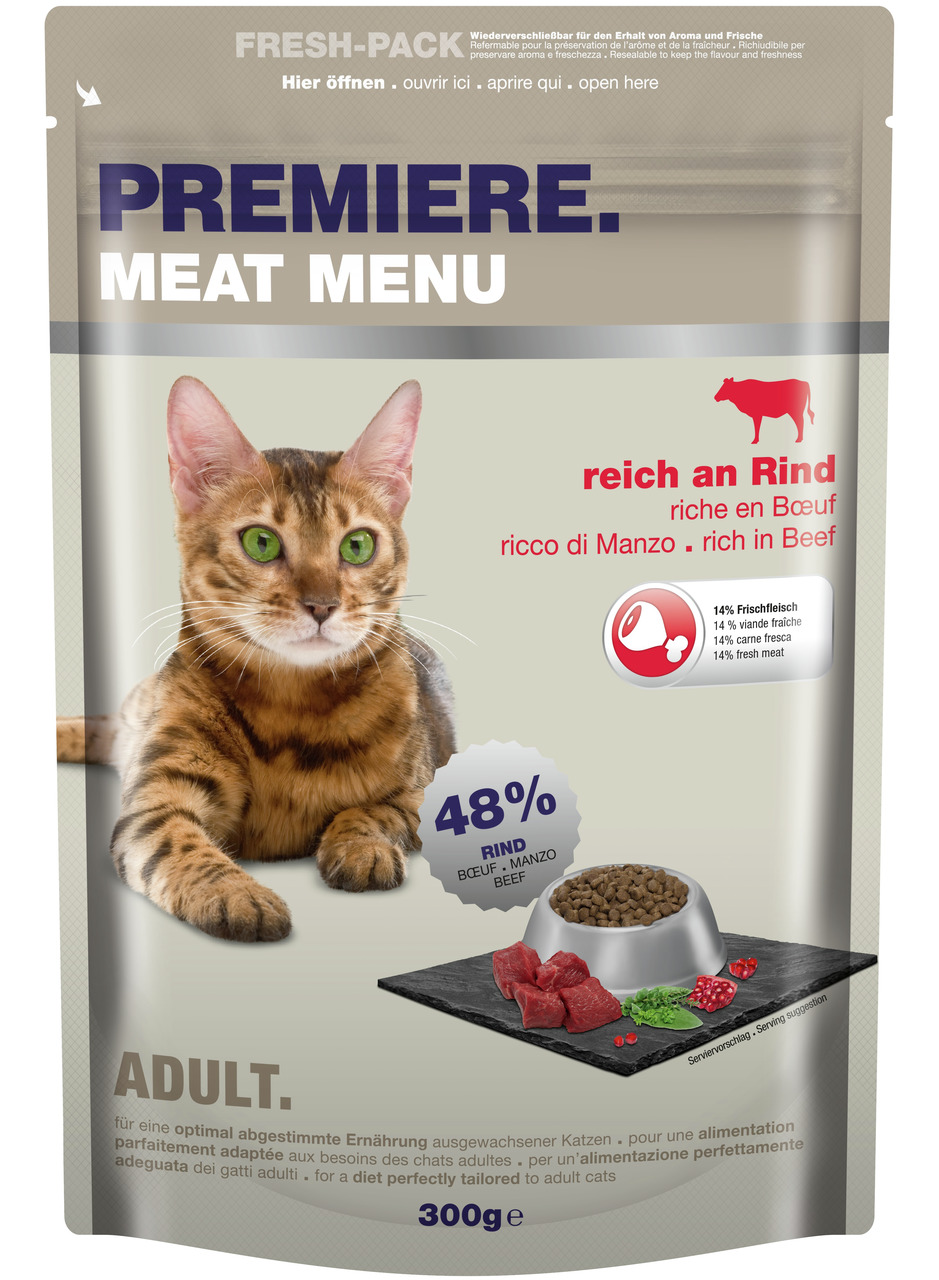PREMIERE Meat Menu Rind, 48 % Rind (14 % Frischfleisch), für erw. Katzen, 300 g, wiederverschließbar, mit Serviervorschlag.
