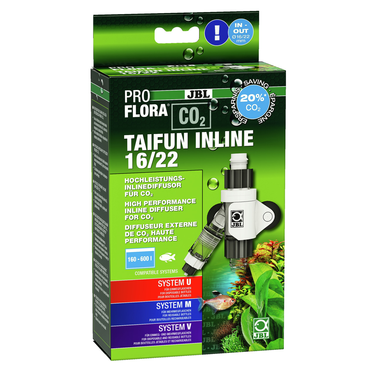 JBL ProFlora CO2 Taifun Inline 16/22, Diffusor f. Aquarien (160-600 l), 20 % CO2-Ersparnis, kompatibel mit U/M/V-Systemen.