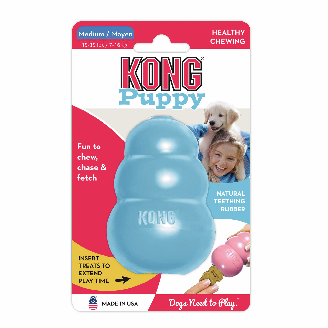 KONG Puppy, Hundespielzeug aus Gummi, für Welpen (7-16 kg), Blau, fördert Kauen & Zahnen, befüllbar, Größe Medium, Made in USA.