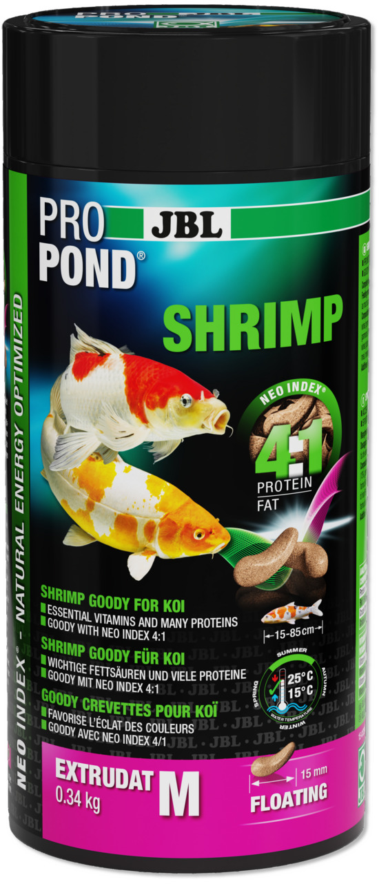 Das Bild zeigt eine schwarze Dose des Produkts „JBL ProPond Shrimp“ mit 0,34 kg Inhalt. Es handelt sich um schwimmendes Extrudat-Futter für Koi-Fische mittlerer Größe (15–85 cm). Die Geschmacksrichtung ist Shrimp. Das Futter enthält essentielle Vitamine, 