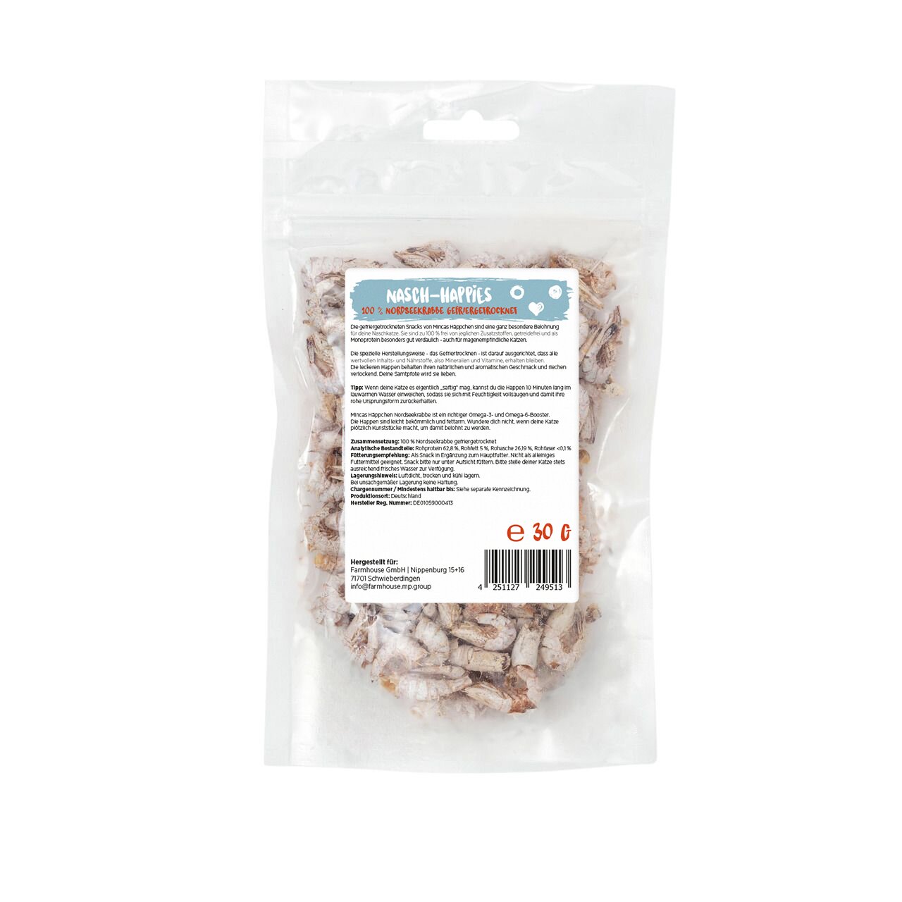 Mincas Häppchen Nasch-Happies, 30 g gefriergetrocknete nordische Krabben, für Katzen, proteinreich, wiederverschließbar.