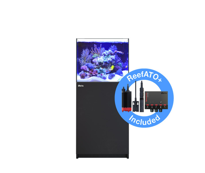 Red Sea Reefer 200 G2+ Aquarium, Meerwasseraquarium für Aquaristik-Fans, mit schwarzem Unterschrank & ReefATO+ System, 200 Liter.