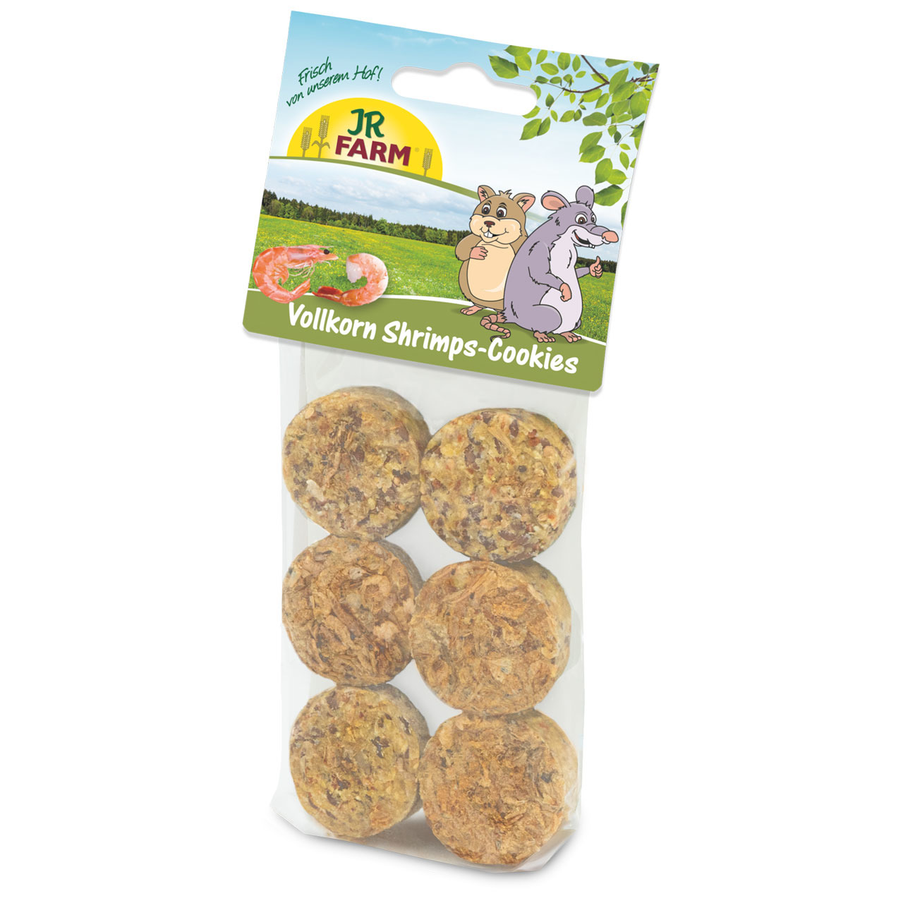 JR FARM Vollkorn Shrimps-Cookies, Snack für Kleintiere (Hamster, Mäuse), Geschmack: Shrimps, 6 Cookies, „Frisch vom unserem Hof“.
