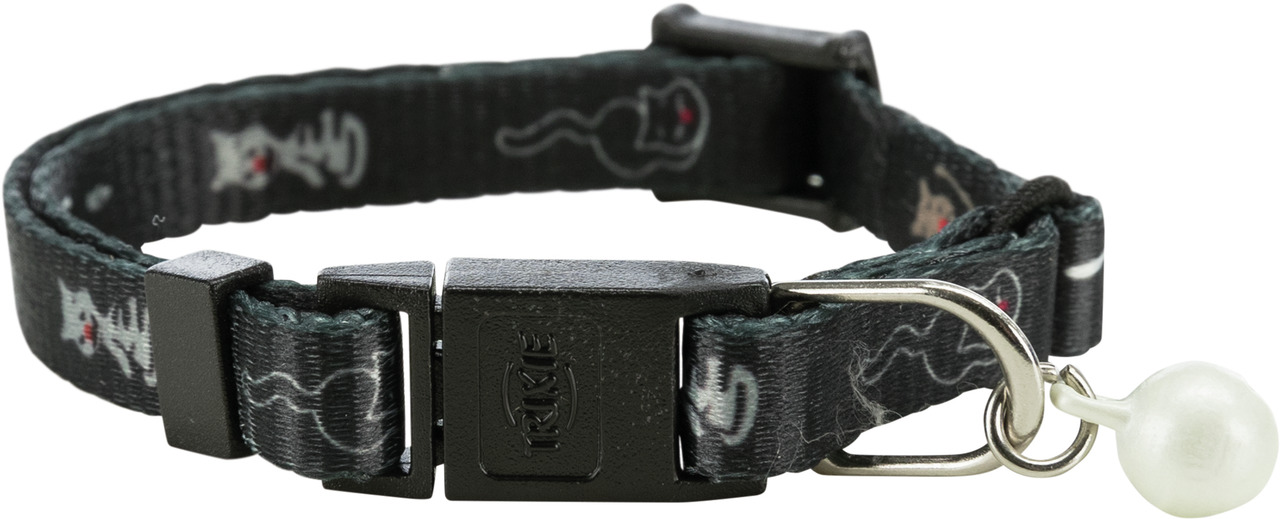 Schwarzes Katzenhalsband der Marke TRIXIE mit dekorativem Muster aus weißen Mäusen und roten Akzenten. Das Halsband ist mit einem Sicherheitsverschluss, einer verstellbaren Größe und einer kleinen, weißen Glocke ausgestattet. Geeignet für Katzen, bietet e