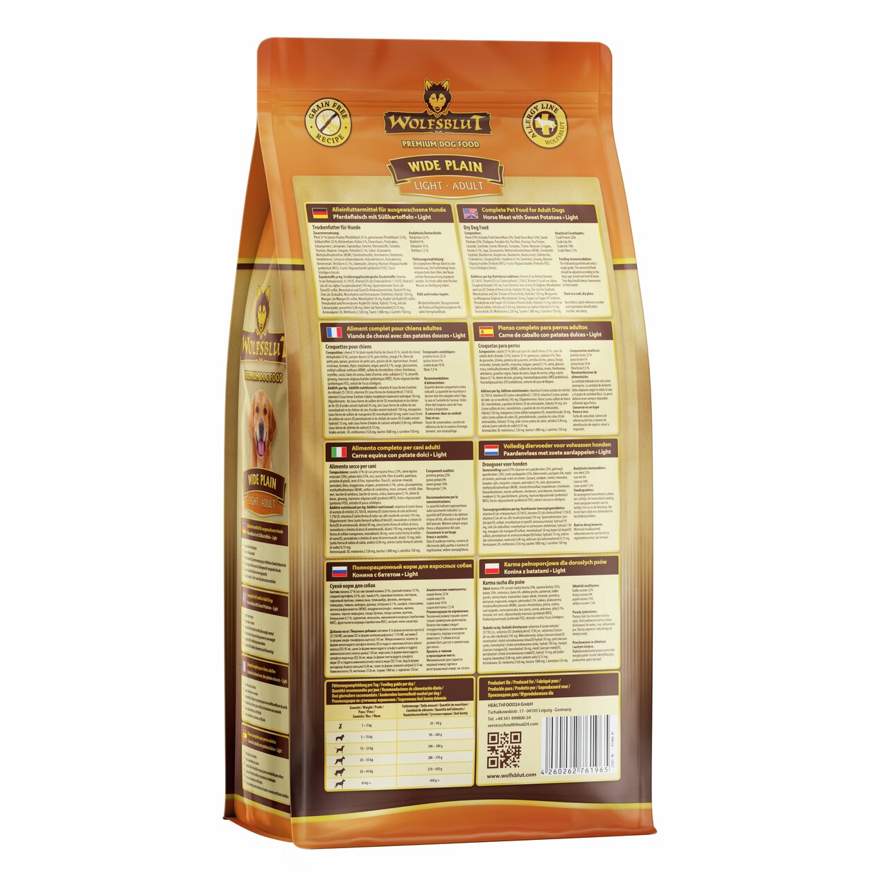 WOLFSBLUT Wide Plain Light Adult Hundefutter, Pferd, für erwachsene Hunde, 480 g, getreidefrei, unterstützt eine gesunde Verdauung.
