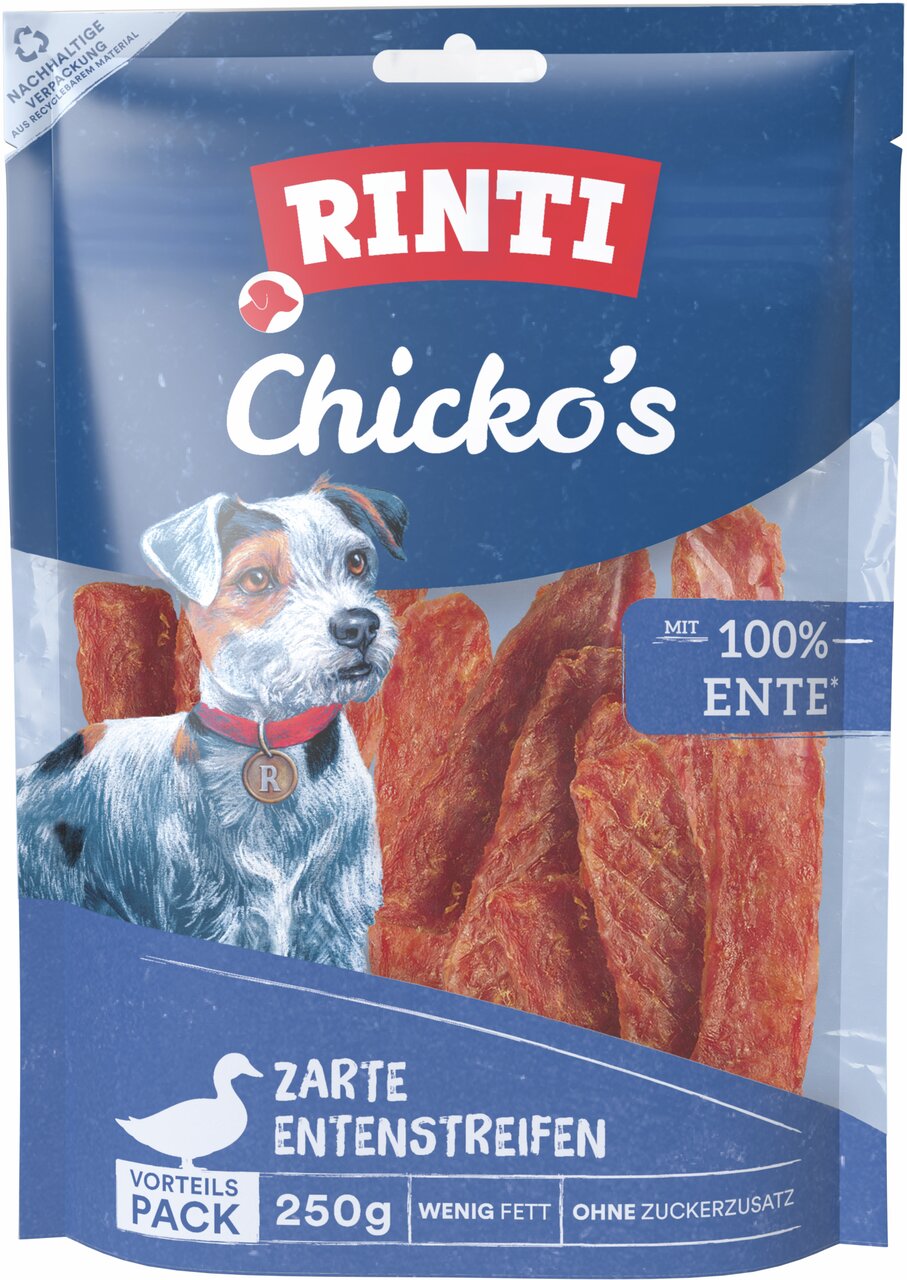 RINTI Chicko's Entenstreifen für Hunde, 100% Ente, fettarm, ohne Zuckerzusatz, 250g Vorteilspack, zarte Textur.