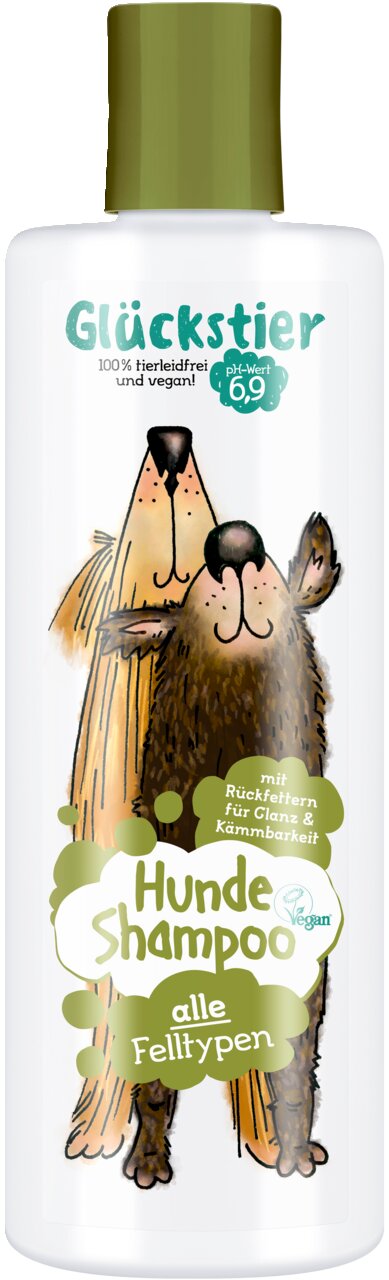 Glückstier Hunde Shampoo für Hunde, alle Felltypen, vegan, 100 % tierleidfrei, pH-Wert 6,9, mit Rückfettung für Glanz und Kämmbarkeit.