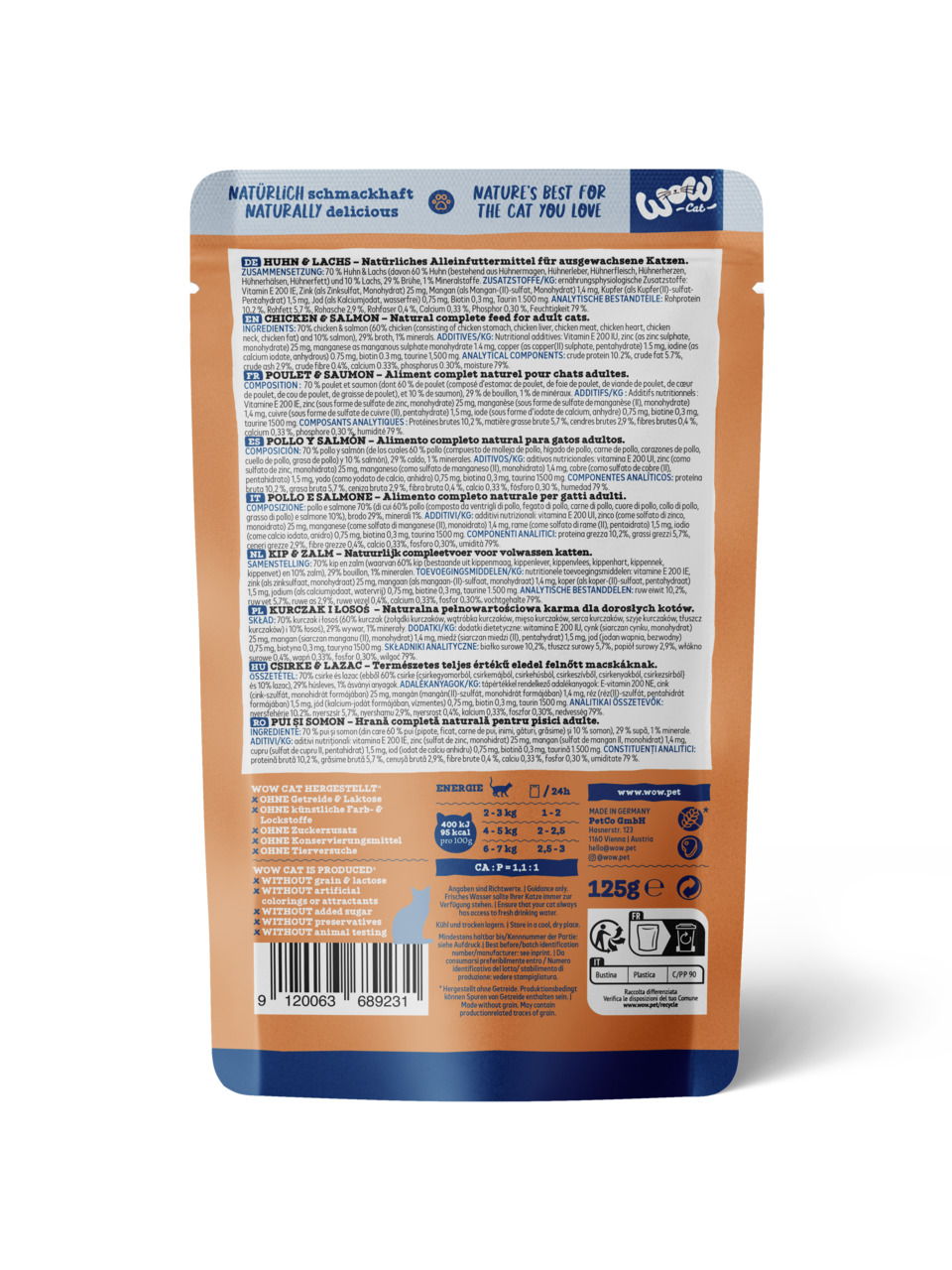 Rückseite einer Verpackung des Katzenfutters „WOW CAT Huhn & Lachs“, geeignet für ausgewachsene Katzen. Geschmacksrichtung: Huhn und Lachs. Menge: 125 g. Ohne Getreide, Zuckerzusatz, künstliche Farb- und Konservierungsstoffe. Hergestellt in Deutschland. E