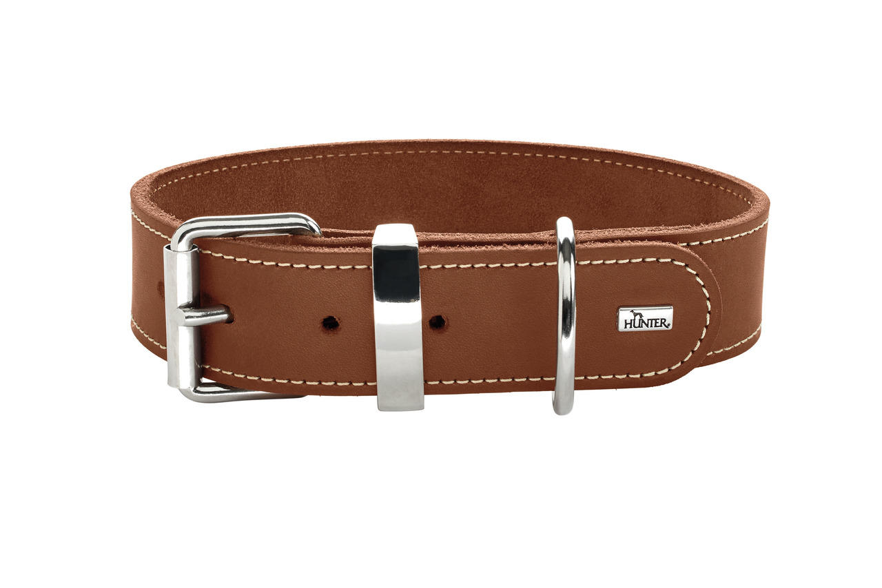 HUNTER Hundehalsband Aalborg, braune Lederoptik, für Hunde, robuste Metallschnalle, stabiler D-Ring, edles Design, weiße Naht.