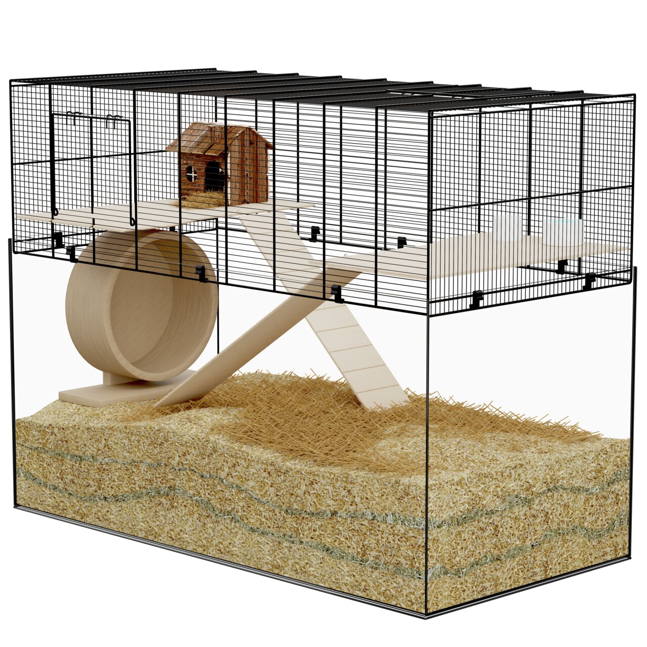 Das Bild zeigt den Allpets Kleintierkäfig, geeignet für Hamster und andere kleine Nagetiere. Der Käfig verfügt über eine großzügige Grundfläche mit Einstreu, ein großes Holzlaufrad, Rampen und eine erhöhte Plattform mit einem kleinen Holzhaus. Ideal für a