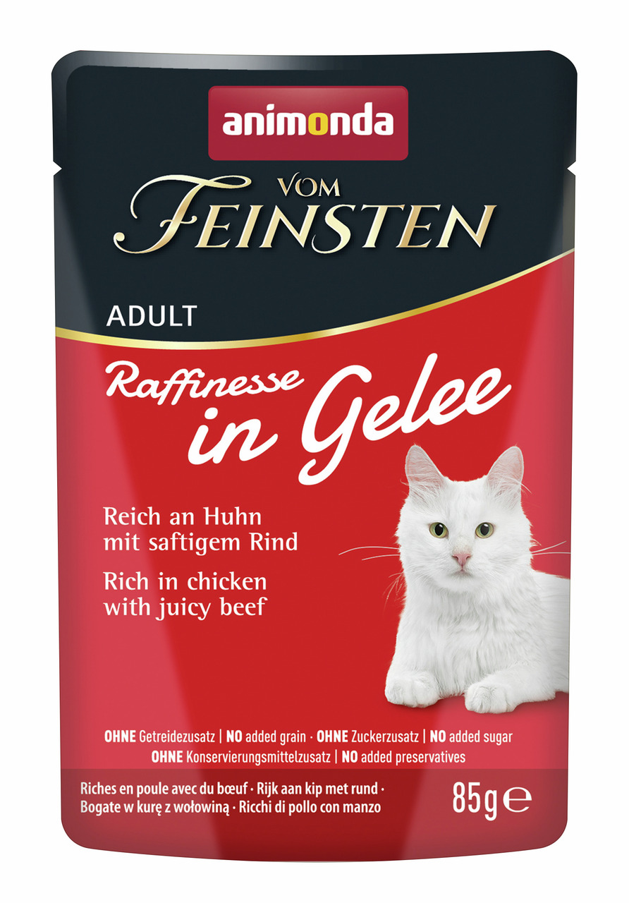 animonda Vom Feinsten Raffinesse in Gelee, Adult Katzen, Huhn & Rind, 85 g, getreidefrei, ohne Zuckerzusatz & Konservierungsstoffe.